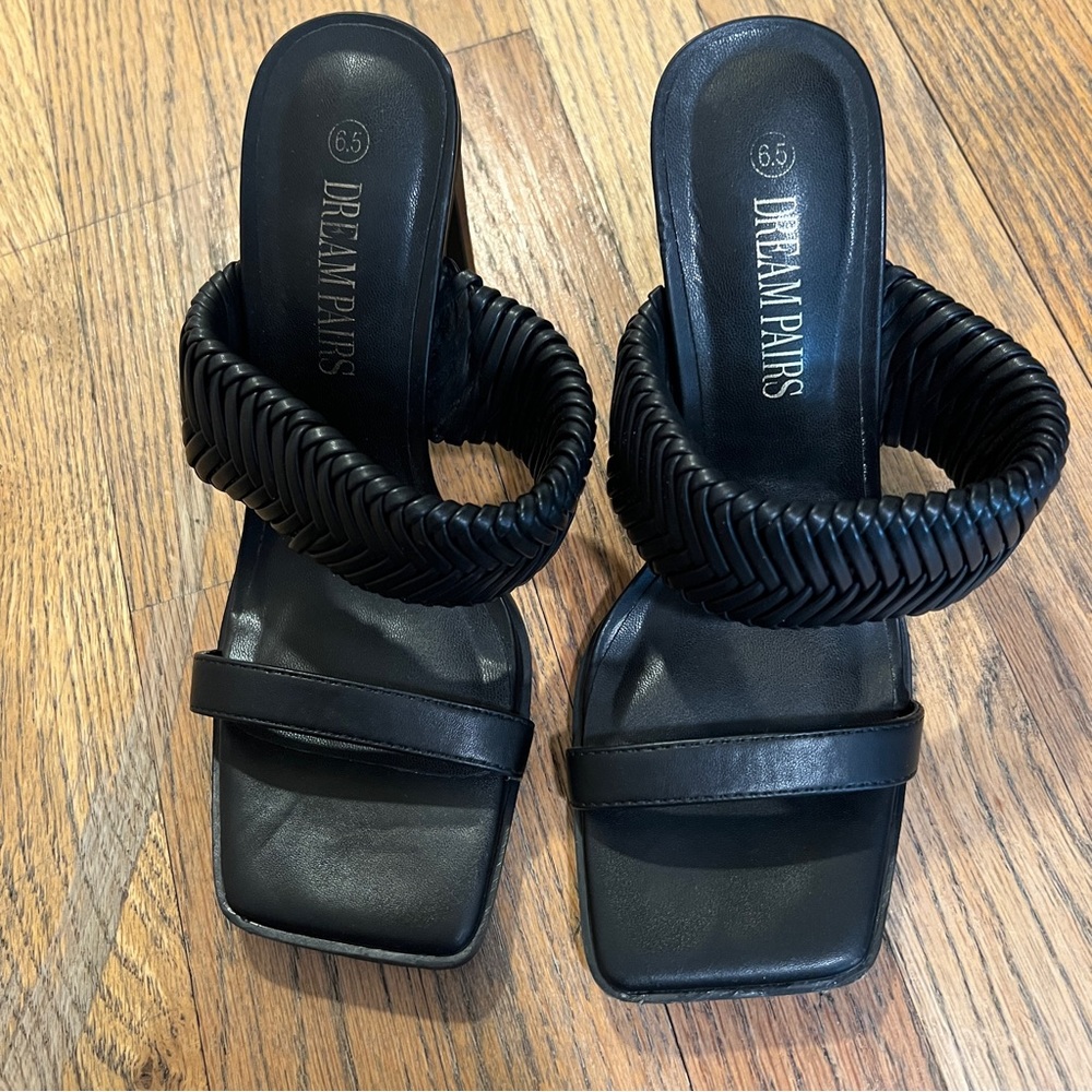 Black block sandal heels